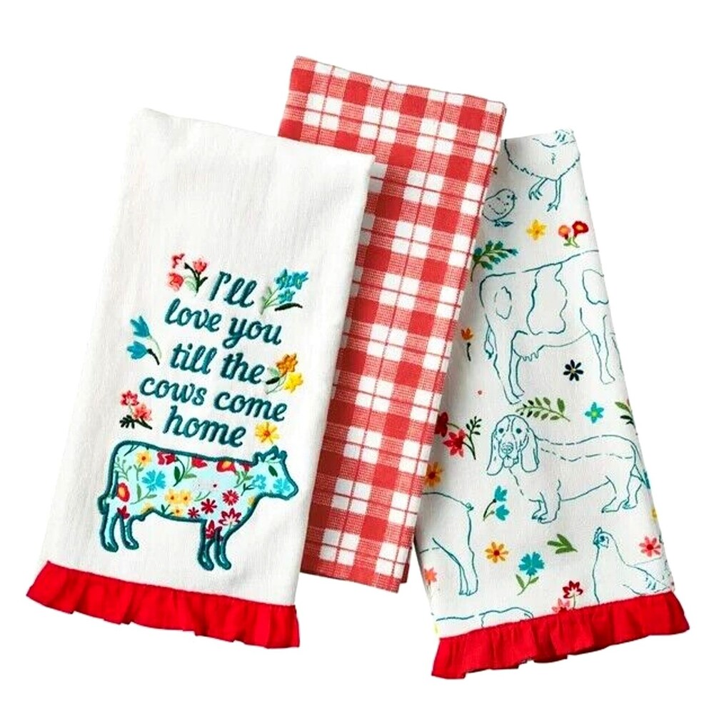Pioneer Woman Farm Animals Kitchen Towels 3-pc Embroidered Applique Cow